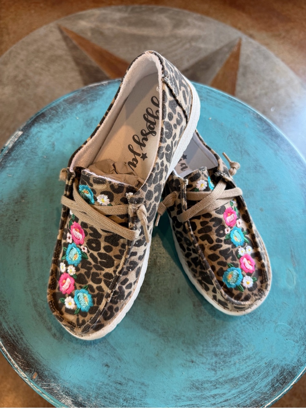Gypsy Jazz Leopard Print Slip-Ons with Pink & Turquoise Floral Embroidery
